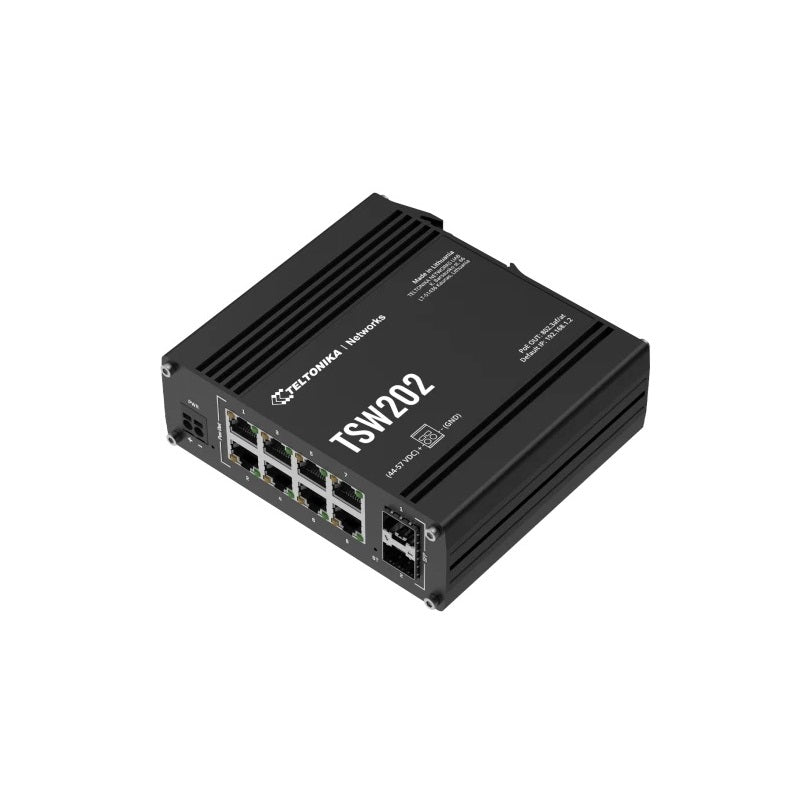 Teltonika TSW202 DIN Rail Mountable Managed PoE+ Switch with 8 x 1Gbps ETH-ports and 2 x SFP