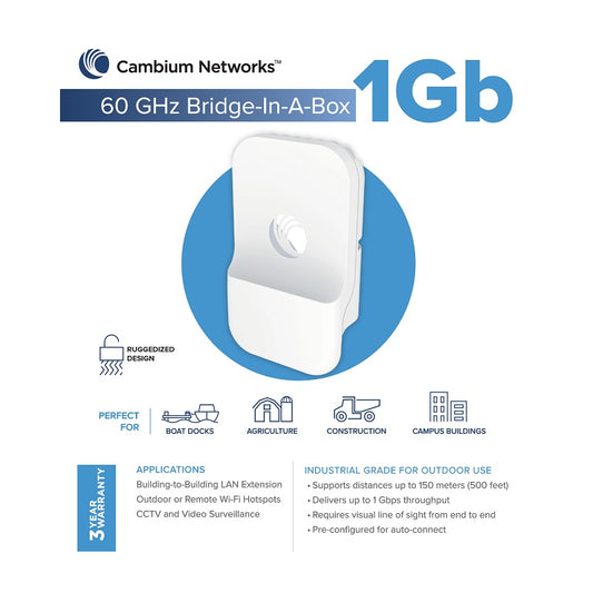 Cambium cnWave 60 GHz Bridge in a Box 1Gbps Full Duplex Wireless Backhaul